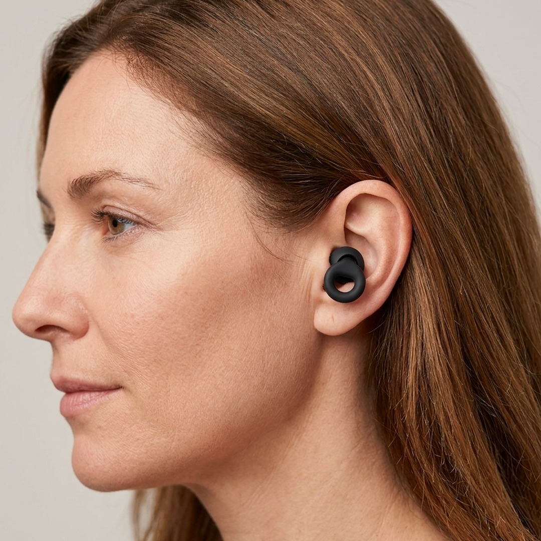 Quieto Air porté à l'oreille, vue de profil, rendu discret