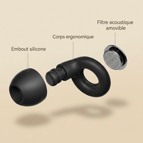 Vue éclatée du bouchon d'oreille Quieto Pro : embout silicone, corps ergonomique, filtre acoustique amovible